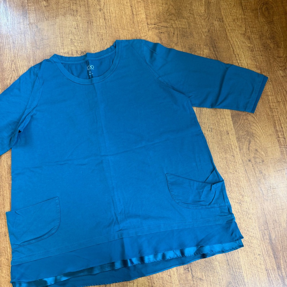 LOGO Lori Goldstein Tunic Women XL Teal 3/4 Sleeve Pocket A203821 Layered Hem - Picture 7 of 10